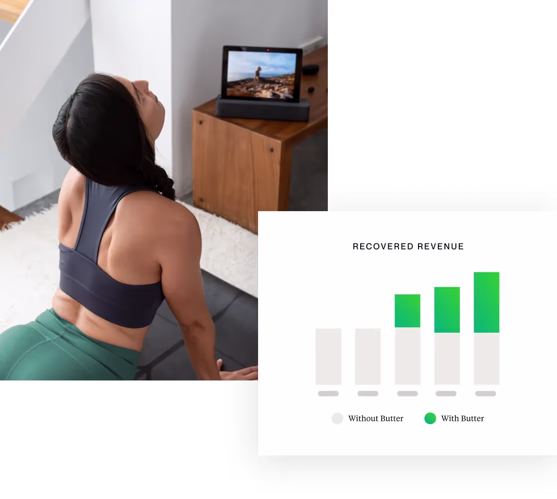 Woman stretching next to chart showing increased recovered revenue from failed subscription payments