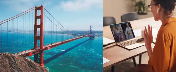 Landscape image of San Fransisco and a woman facing a laptop on a face call